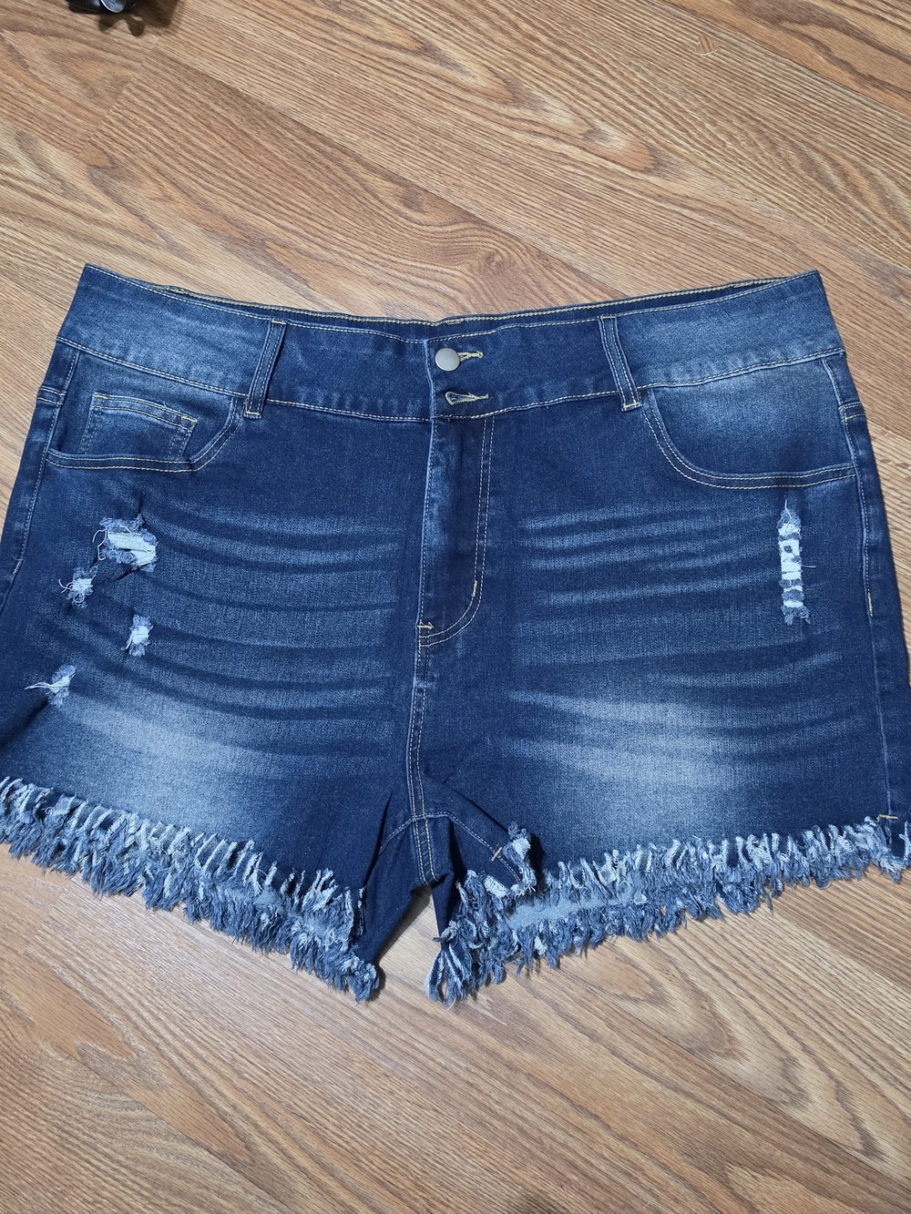 $Frayed Hem Dark Wash Denim Shorts for Women